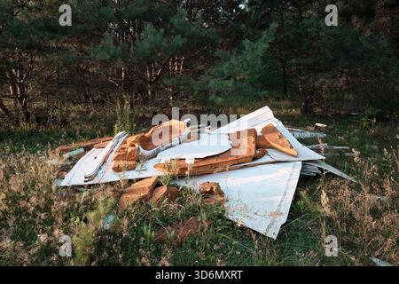 Déchets de construction illégaux déversés dans une forêt, montrant la pollution de l'environnement. Banque D'Images