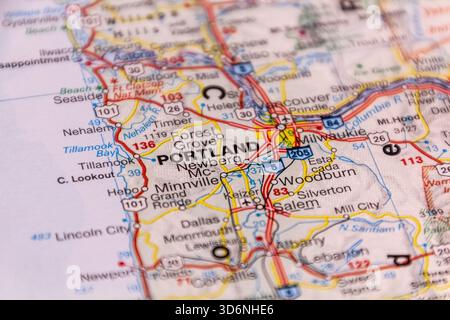 Portland, Californie, États-Unis sur une carte routière. Banque D'Images