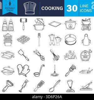 Ustensiles de cuisine de cuisson et outils de cuisson icônes de ligne d'équipement vecteur Illustration de Vecteur