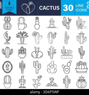Jeu d'icônes de ligne de cactus, collection de plantes du désert, vecteur de course modifiable Illustration de Vecteur