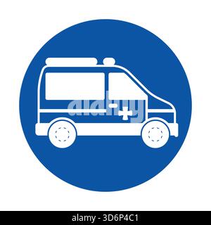 Ce graphique présente une icône simple d'un véhicule ambulancier d'urgence sur un fond bleu circulaire, idéal pour les soins de santé et la sécurité Illustration de Vecteur
