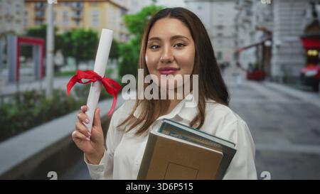 Femme souriant en chemise blanche détient un diplôme attaché avec ruban rouge et des livres sur une rue de la ville ; fierté de réalisation. Banque D'Images