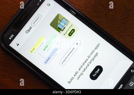 Quito, ÉQUATEUR - 11 nov. 2025 : smartphone affichant le site Google Opal. Banque D'Images