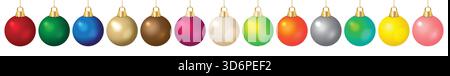 Boules de Noël boules bannière ornement décoration colorée dans une rangée isolée sur fond blanc Illustration de Vecteur