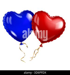 Ballons bleus et rouges en forme de coeur avec des rubans dorés sur fond blanc. Illustration de Vecteur