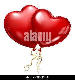 Deux ballons rouges en forme de coeur avec des rubans d'or sur un fond blanc. Illustration de Vecteur