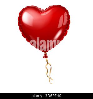 Ballon rouge en forme de coeur avec ruban d'or attaché à la valve rouge, sur fond blanc. Illustration de Vecteur