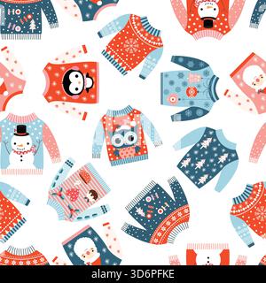 Motif sans couture de vecteur de Noël mignon avec des pulls mignons laids dans les couleurs bleues, rouges et roses avec des dessins d'hiver kawaii Illustration de Vecteur