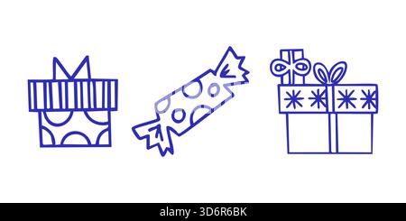 Cadeau de Noël dessiné à la main et ensemble de bonbons dans un style festif de contour. Illustration isolée vectorielle. Illustration de Vecteur
