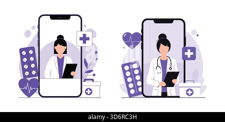 Santé numérique consultation médicale en ligne télémédecine et application de santé mobile Illustration de Vecteur