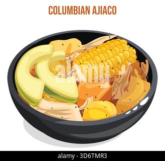 Ajiaco dans un bol noir avec poulet, maïs, pommes de terre, avocat et Guasca – illustration traditionnelle colombienne de soupe au poulet d'hiver Illustration de Vecteur