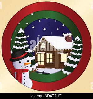 Noël Paper Cut Layered Design avec bonhomme de neige, sapins, ciel étoilé de nuit et cabine en bois recouverte de neige. Illustration détaillée avec texture granuleuse Illustration de Vecteur