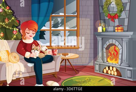 Confortable salle de séjour scène femme avec son chiot assis sur le canapé, appréciant une boisson chaude près de la cheminée à côté de l'arbre de Noël. Illustration festive des fêtes hivernales Illustration de Vecteur