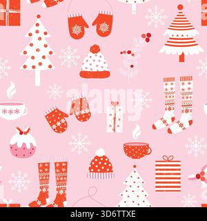 Joli motif vectoriel sans couture avec des vêtements de Noël et d'hiver, des arbres et des flocons de neige dans les couleurs rose, blanc et rouge Illustration de Vecteur