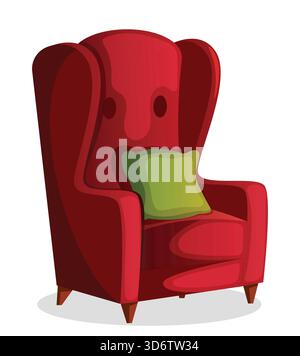 Fauteuil rouge confortable avec coussin vert. Mobilier intérieur moderne isolé de salon Illustration de Vecteur