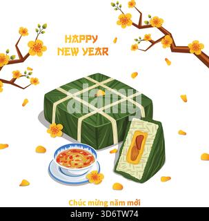 Modèle du nouvel an vietnamien. Gâteau de riz collant ou Banh Chung avec sauce de poisson, fleurs d'Ochna branches et pétales isolés Illustration de Vecteur