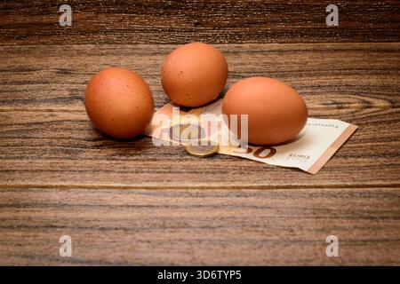 Oeufs bruns placés sur un billet de cinquante euros avec des pièces sur une table en bois, concept de coût alimentaire, inflation et budget familial. Banque D'Images