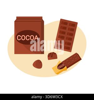 Poudre de cacao, barres de chocolat et bonbons assortis sur une illustration vectorielle de fond isolé blanc Illustration de Vecteur