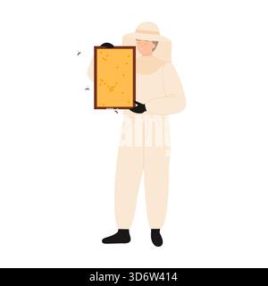 Apiculteur en costume de protection tenant le nid d'abeilles avec des abeilles sur l'illustration vectorielle de fond blanc isolé Illustration de Vecteur