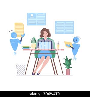 Femme travaillant au bureau avec des robots amicaux aidant à l'illustration vectorielle de bureau isolé moderne Illustration de Vecteur