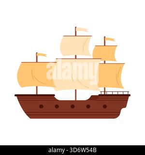 Bateau pirate isolé classique avec des voiles et des drapeaux sur une illustration vectorielle de fond blanc Illustration de Vecteur