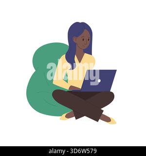 Jeune femme assise à jambes croisées avec ordinateur portable sur le sac de haricot illustration vectorielle isolée Illustration de Vecteur