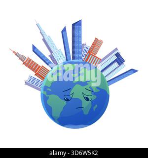 Planète Terre triste isolée avec visage malheureux et gratte-ciel symbolisant l'urbanisation et l'illustration vectorielle de préoccupation environnementale Illustration de Vecteur