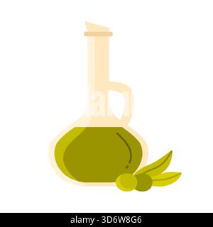 Bouteille traditionnelle d'huile d'olive chypriote avec des olives vertes et des feuilles sur illustration vectorielle isolée blanche Illustration de Vecteur