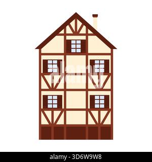 Maison allemande classique à colombages avec poutres brunes et fenêtres isolées sur illustration vectorielle blanche Illustration de Vecteur