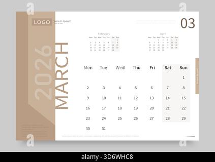 Le calendrier de mars 2026 est blanc et beige. La mise en page du calendrier pour mars 2026 avec la date du début de la semaine le lundi. Illustration de Vecteur