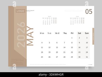 Le calendrier pour mai 2026 est blanc et beige. La mise en page du calendrier pour mai 2026 avec la date du début de la semaine le lundi. Illustration de Vecteur