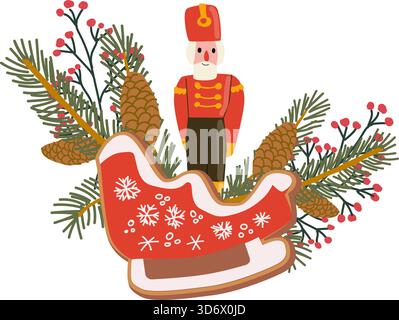 Cookie de pain d'épice de noël vecteur et jouets de Noël, branches d'épicéa, composition de baies d'hiver. Éléments festifs de Noël isolés. Illustration de Vecteur