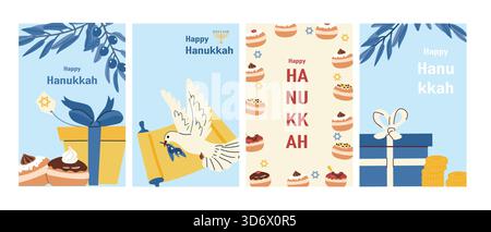 Jeu de cartes Happy Hanukkah. Illustrations vectorielles plates.Hanukkah affiches ou flyers ensemble. Arrière-plans du festival hanuka avec des symboles juifs traditionnels. Illustration de Vecteur