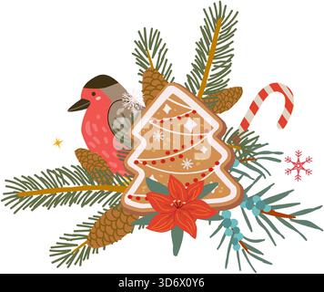 Cookie d'épicéa en pain d'épice de noël vecteur et plantes d'hiver, illustration d'oiseau isolé sur fond transparent. Clipart de Noël de genévrier, branche de sapin et d'épinette, amarillys, flocons de neige. Illustration de Vecteur