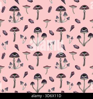 Motif aquarelle sans couture avec des champignons magiques rose-violet fantaisistes avec des yeux et des cristaux d'améthyste sur un fond rose doux. Banque D'Images