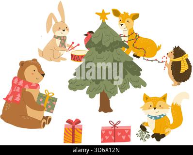 Animaux mignons de la forêt de noël dans le style plat de bande dessinée. Ensemble de vecteur d'ours, renard, lapin et hérisson, oiseau avec épicéa. Peut être utilisé pour les cartes de vœux. Illustration de Vecteur