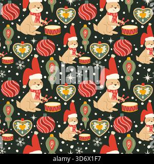 Motif de Noël avec lapin et ornements. Motif répétitif mignon avec des boules festives et des flocons de neige. Lapin mignon avec tambour. Illustration vectorielle sur fond sombre. Illustration de Vecteur