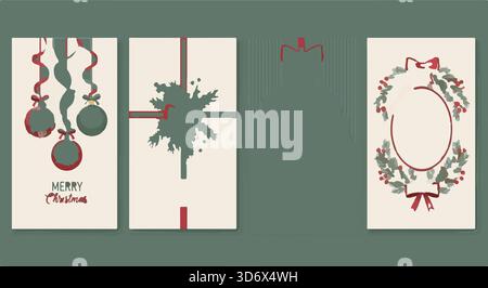 Ensemble de vecteur de carte de voeux de Noël et de bonne année — cadres classiques de Noël crème et rouge avec des feuilles de pin et des rubans, thème festif pour les cartes, Illustration de Vecteur