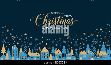 Carte joyeux Noël et bonne année 2026. Fond bleu festif avec village doré, arbres et flocons de neige. Design des fêtes. Illustration de Vecteur