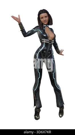 Illustration 3d d'une femme dans une tenue en cuir serré avec les bras isolés sur un fond blanc Banque D'Images
