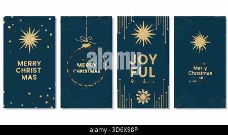 Ensemble de cartes de Noël élégantes en bleu et or. Motifs festifs de vacances avec étoiles, ornements et salutations. Illustration vectorielle. Illustration de Vecteur