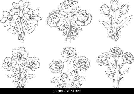 Ensemble de bouquets de fleurs Black Line. lis, pivoines, tulipes, orchidées, roses, œillets. Bourgeons monochromes vectoriels avec des feuilles, coloriage Illustration de Vecteur
