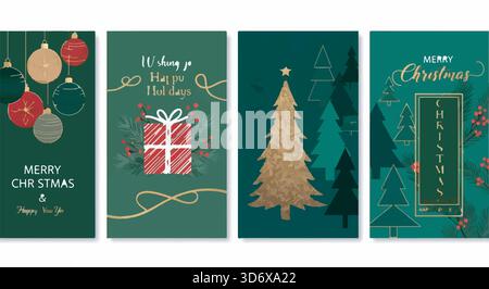 Ensemble de cartes de Noël élégantes. Salutations de vacances avec des arbres de Noël, des ornements et une boîte-cadeau sur fond vert. Motif festif. Illustration de Vecteur