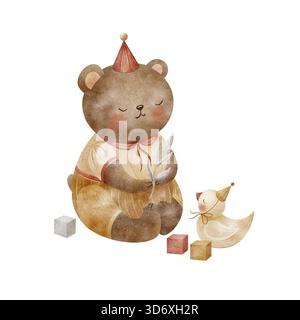Mignon bébé ours en peluche, caneton en costume de fête, chapeau. Illustration aquarelle dans le style vintage des enfants, isolé de l'arrière-plan. Dessiné à la main Banque D'Images
