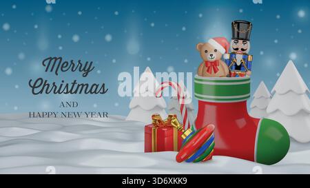 carte de noël avec 3d santa claus bas avec 3d jouets réalistes. fond de noël avec des jouets 3d et des boîtes-cadeaux sur le paysage d'hiver. Illustration de Vecteur
