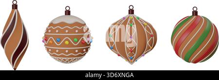 ensemble de boules de noël isolées en pain d'épices. collection de boules de noël 3d réalistes Illustration de Vecteur