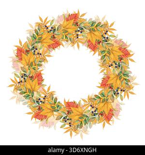 Une couronne d'aquarelle faite de feuilles d'automne et de baies disposées dans un cadre circulaire. Nature automne dessiné à la main clip Parfait pour les cartes saisonnières, inv Banque D'Images