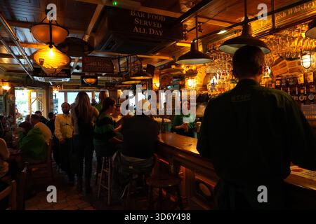 Vue intérieure d'un pub irlandais traditionnel animé de Dublin, montrant les clients assis au bar et le personnel servant des boissons sous un éclairage chaleureux et d'ambiance. Banque D'Images