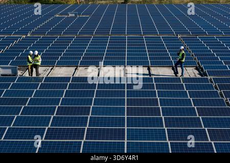 Techniciens inspectant les panneaux solaires dans une usine d'énergie renouvelable Banque D'Images