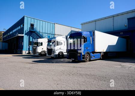 Camions logistiques garés sur les quais de chargement des entrepôts de la chaîne du froid Banque D'Images